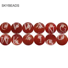 Английский бусины с алфавитом для ювелирных изделий ремесленничество натуральный черный/красный агат с символическим узорным каменные бусы для продажи
