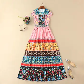 

Women Runway Maxi Dress 2018 High Quality O-neck Short Sleeve Printed Big Swing Casual Long Dresses Vestidos DX0589