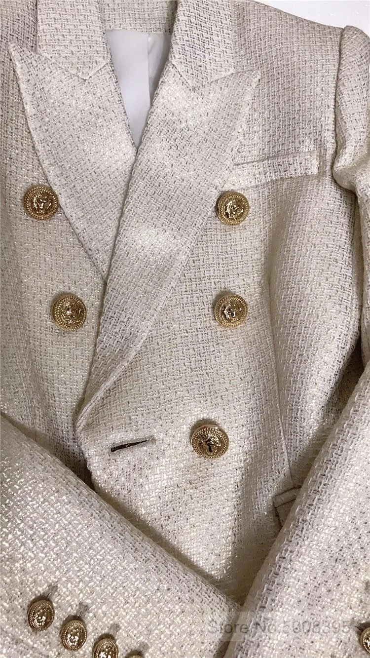Металлический двубортный пиджак с золотыми рельефными пуговицами для женщин костюм