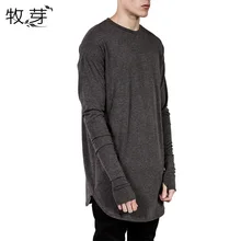 Новое поступление, мужские удлиненные одноцветные футболки с отверстием для большого пальца, мужские хип-хоп футболки с длинным рукавом, хлопковые повседневные футболки