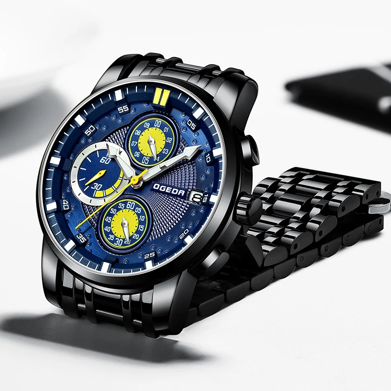 

New 30m Waterproof Chronograph Sport Mens Watches OGEDA Top Brand Luxury Full Steel Business Quartz Clock Relogio Masculino 2019