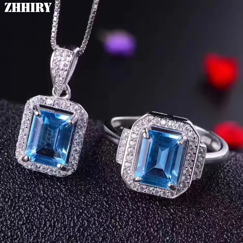 ZHHIRY Women Real Natural Blue Topaz Jewelry Sets Genuine 925 Sterling