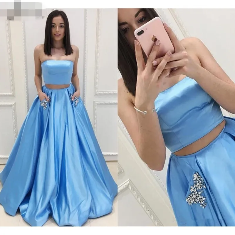

Formal Sky Blue Long Satin Skirts To Prom Party Fashion A-line Women Skirt With Pockets Shiny Crystal Female Saias Custom Made