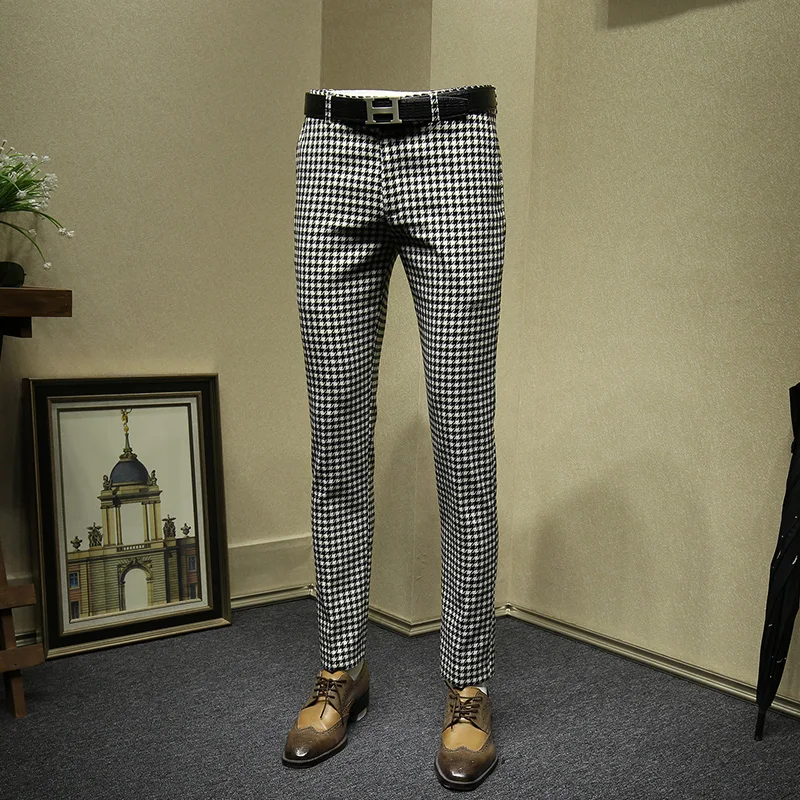 Clothing Mens Black And White Checked Trousers Wedding Groom Wear