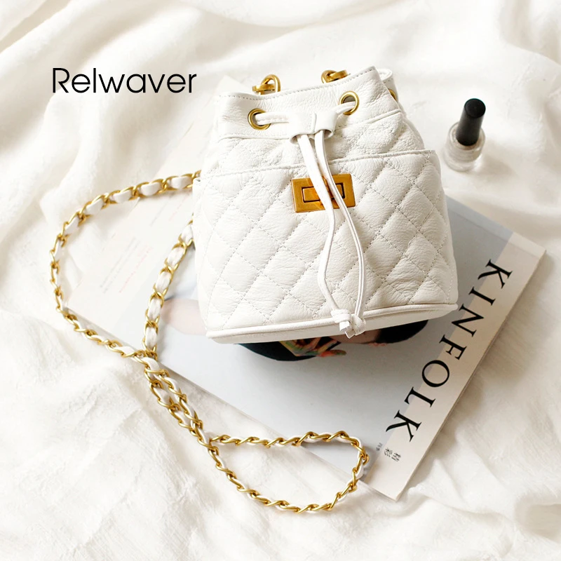 

Relwaver mini genuine leather women's shoulder bag diamond lattice chain bag white milk tea pink wine red women real leather bag