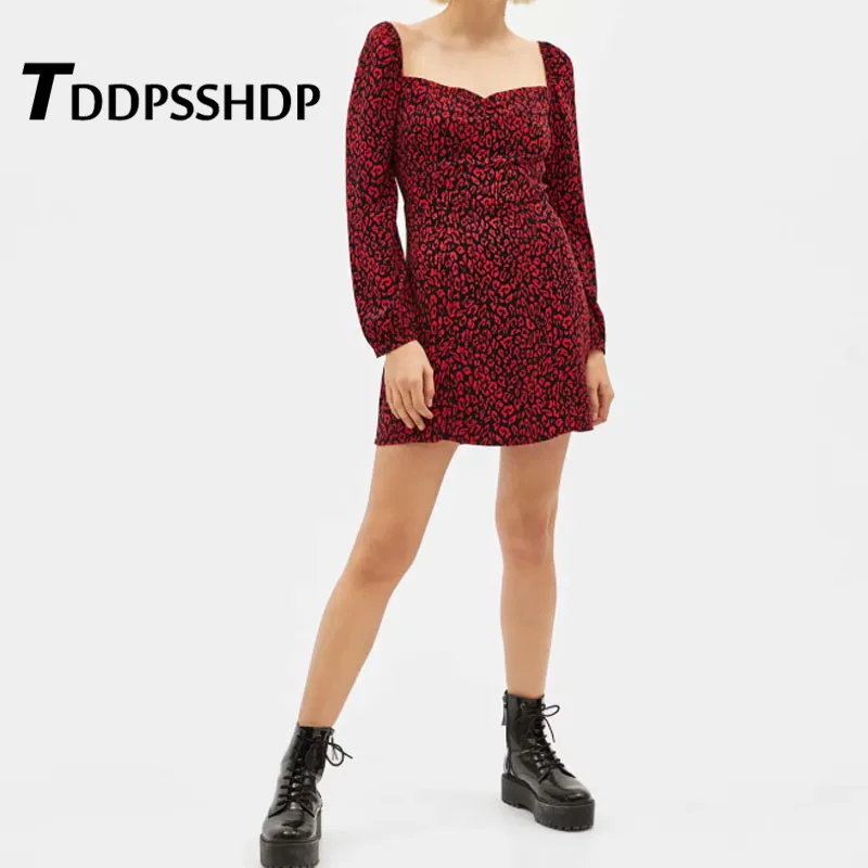 

Retro Minimalist Square Neckline Women Dress Red Leopard Printing 2019 Spring Summer Off-the-shoulder Dresses
