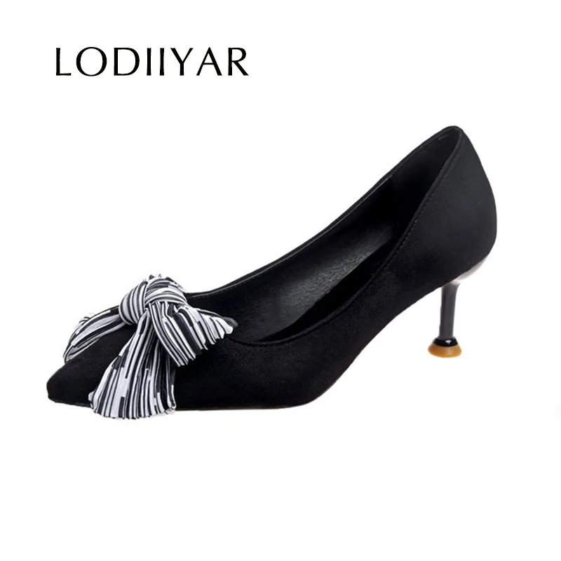 Ladies Pumps Women Shoes High Heels Elegant Bow Knot Fashionable Party Office Shoes Thin Heel Sexy Black Suede Pointed Toe Pumps