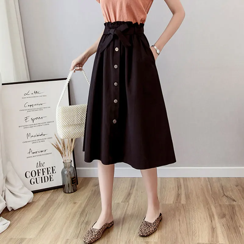 

Solid Elastic Waist Bow Midi Skirts Women Casual Button High Waist Wild A-line Skirts Summer Office Lady Fashion Elegant Skirts