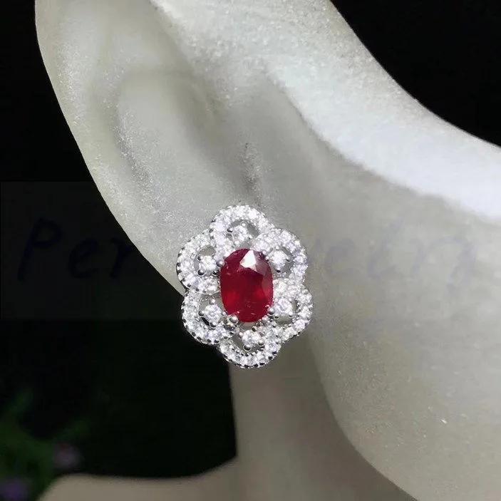 Красный комплект с натуральным Рубином, 1 пара серьги-гвоздики в форме 1 шт. Подвеска 1 шт. кольцо 925 стерлингового серебра 0.6ct* 4 шт. драгоценный камень# XY18060909