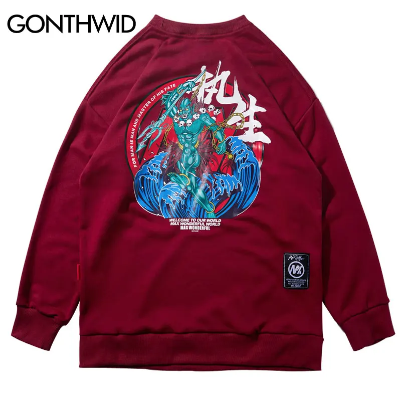 GONTHWID 2018 Hip Hop Japanese Style Devil Printed Long Sleeve Thin Pullover Hoodies Men Casual Cotton Sweatshirts Streetwear | Мужская