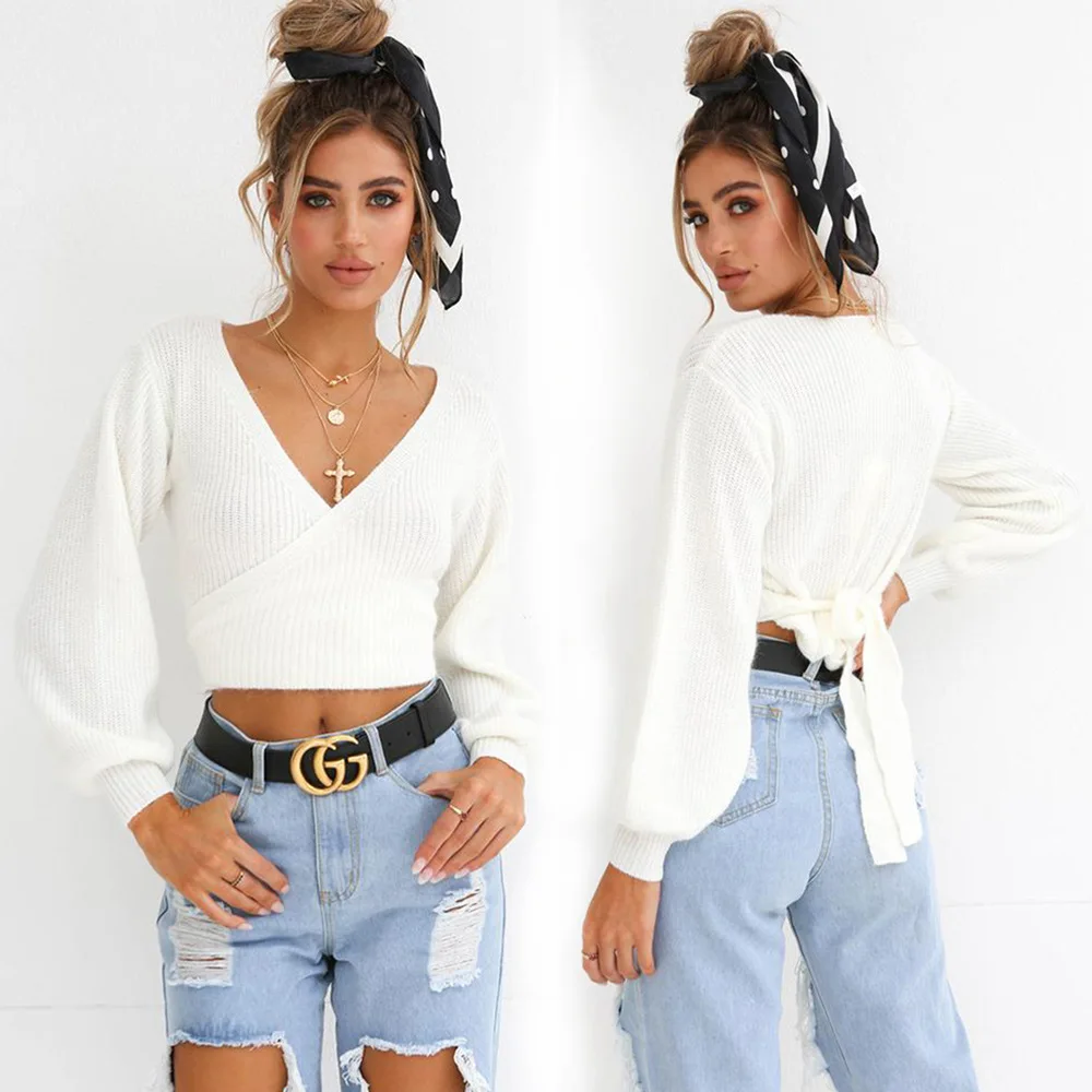 Sexy lace up Low deep V-neck Short Crop Sweater Women Lantern Sleeves Cross Neckline Off Shoulder Cropped Sweaters Pullovers