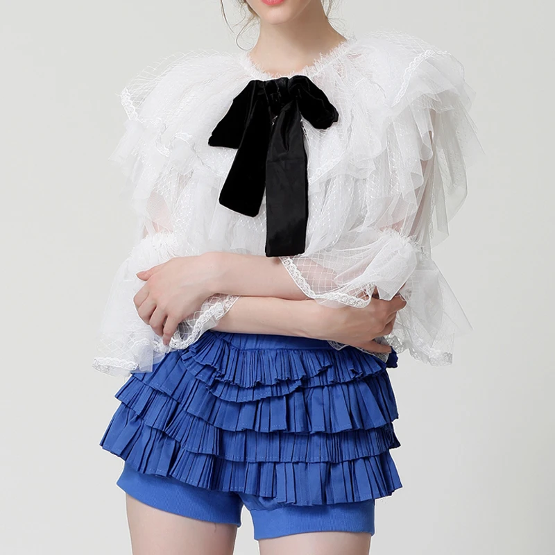 HIGH QUALITY Summer New Fashion 2018 Designer Top Blouse Women's Flare Sleeve Cascading Gauze Ruffle |