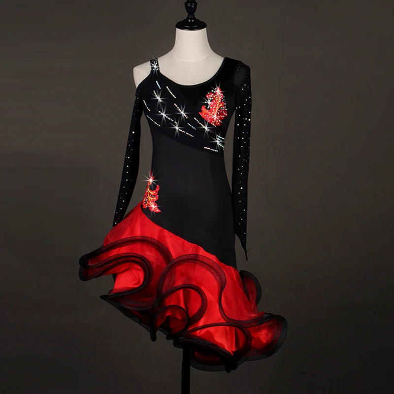 Dance Dress Sexy Dress Latin Dance Clothes For Women Latin Dance Flowers Long Sleeves Dress Girls Cha-cha