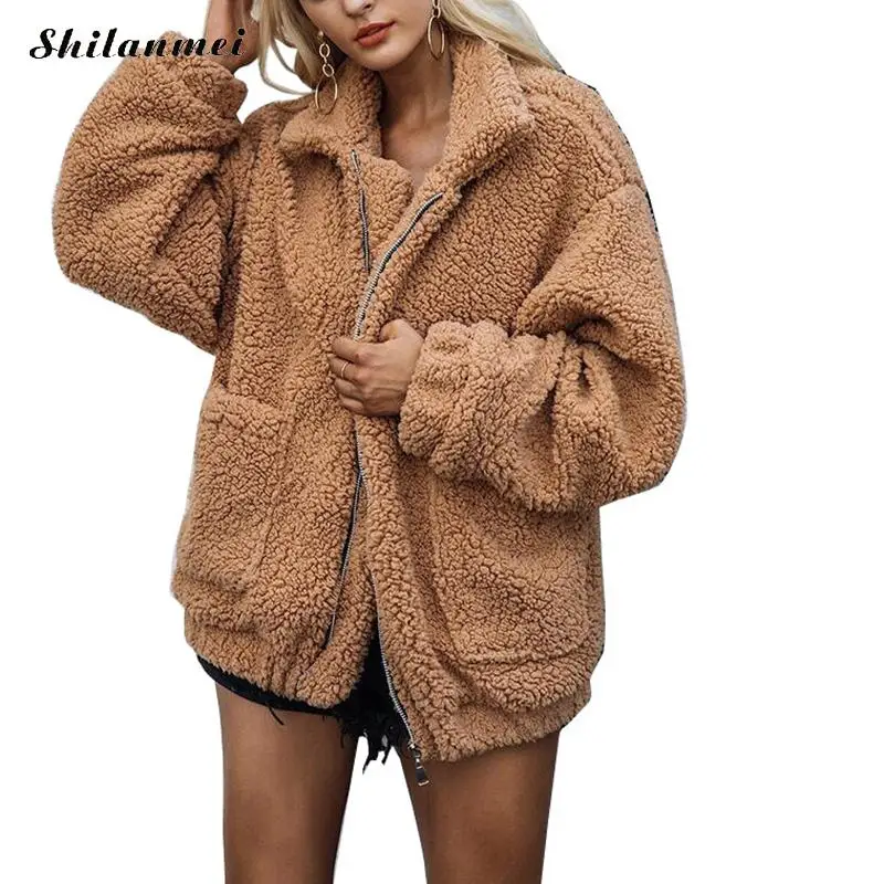 2018 Женское зимнее теплое пальто из искусственного меха, карманная Толстая Женская куртка из искусственного меха, плюшевое пальто-барашек