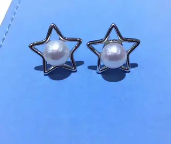 

free shipping>>>>noble jewelry AAA natural white Freshwater 9-10mm FW pearl Pentagram 925s stud earrings