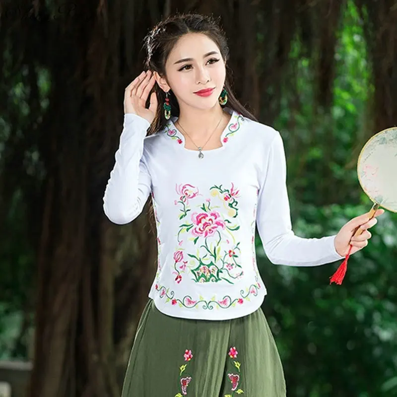 Cheongsam Топ Традиционный китайский костюм для женщин длинный рукав плюс размер 5XL рубашка хлопок винтажная одежда Топ Футболка Блузка V1602