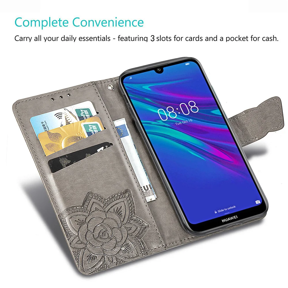 Кожаный чехол кошелек с бабочкой для Huawei Y5 Y6 Y7 Y9 2018 2019 книжка подставкой телефона