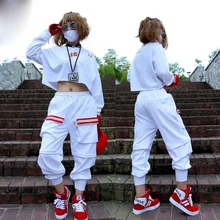Хип-хоп танцевальный костюм белая рубашка с длинными рукавами брюки для взрослых Уличная Одежда для танцев Джаз танцевальный сценический наряд одежда в стиле рейв для женщин DT1057