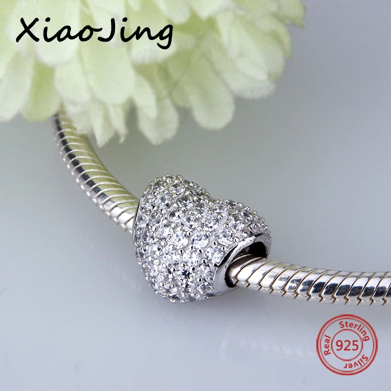 Hot Sale 925 Sterling Silver Charm heart With White cz Beads Fit Pandora Bracelet DIY Wholesale Accessories beads Jewelry Making