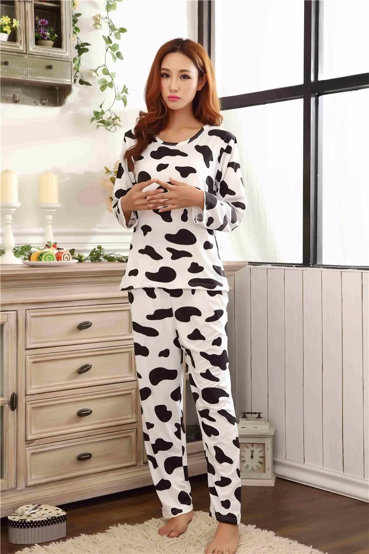 Модная женская пижама, пижама с длинным рукавом, женские пижамные комплекты, принт коровы, одежда для сна, длинные штаны, женская ночная одежда, MLXL