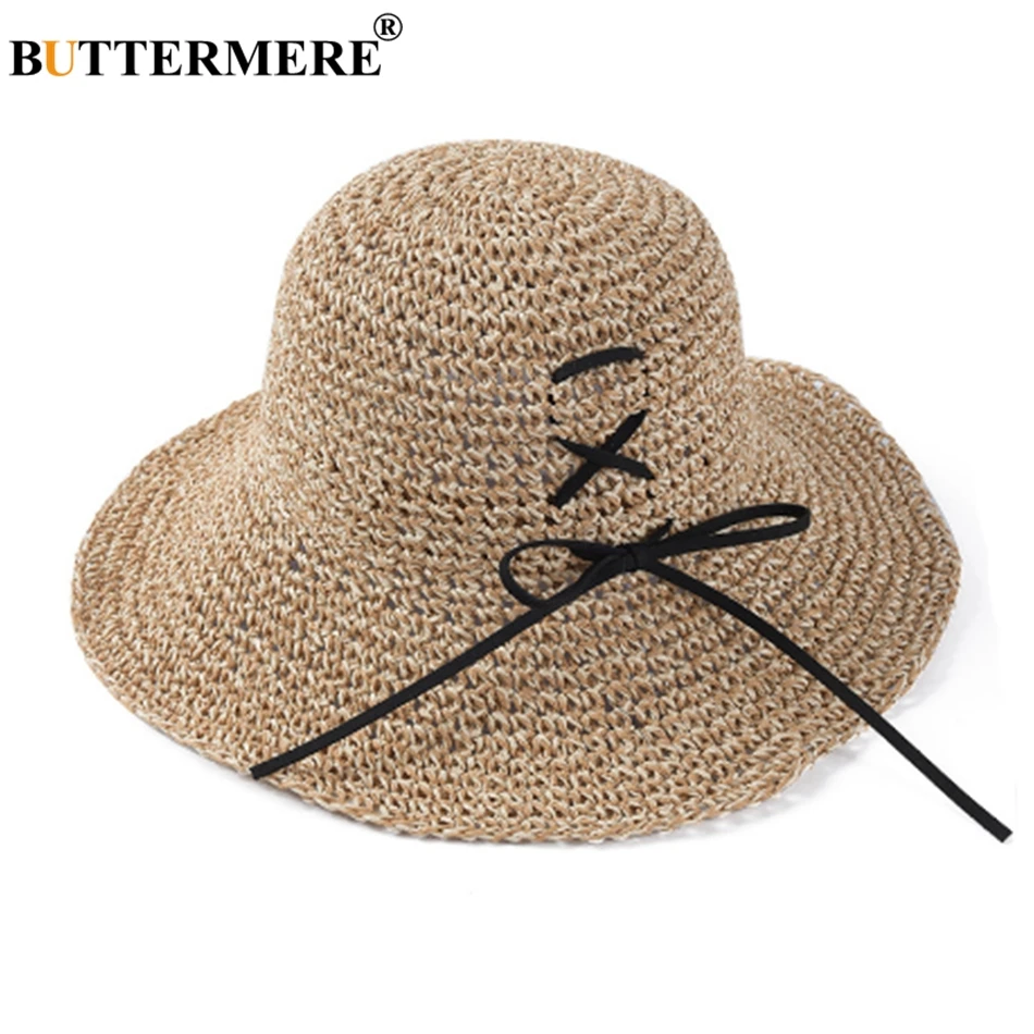 

BUTTERMERE Straw Beach Hat Women Folding Camel Sun Hats Ladies Self Tie Bowknot Female Elegant Wide Brim 10cm Summer UV Hats