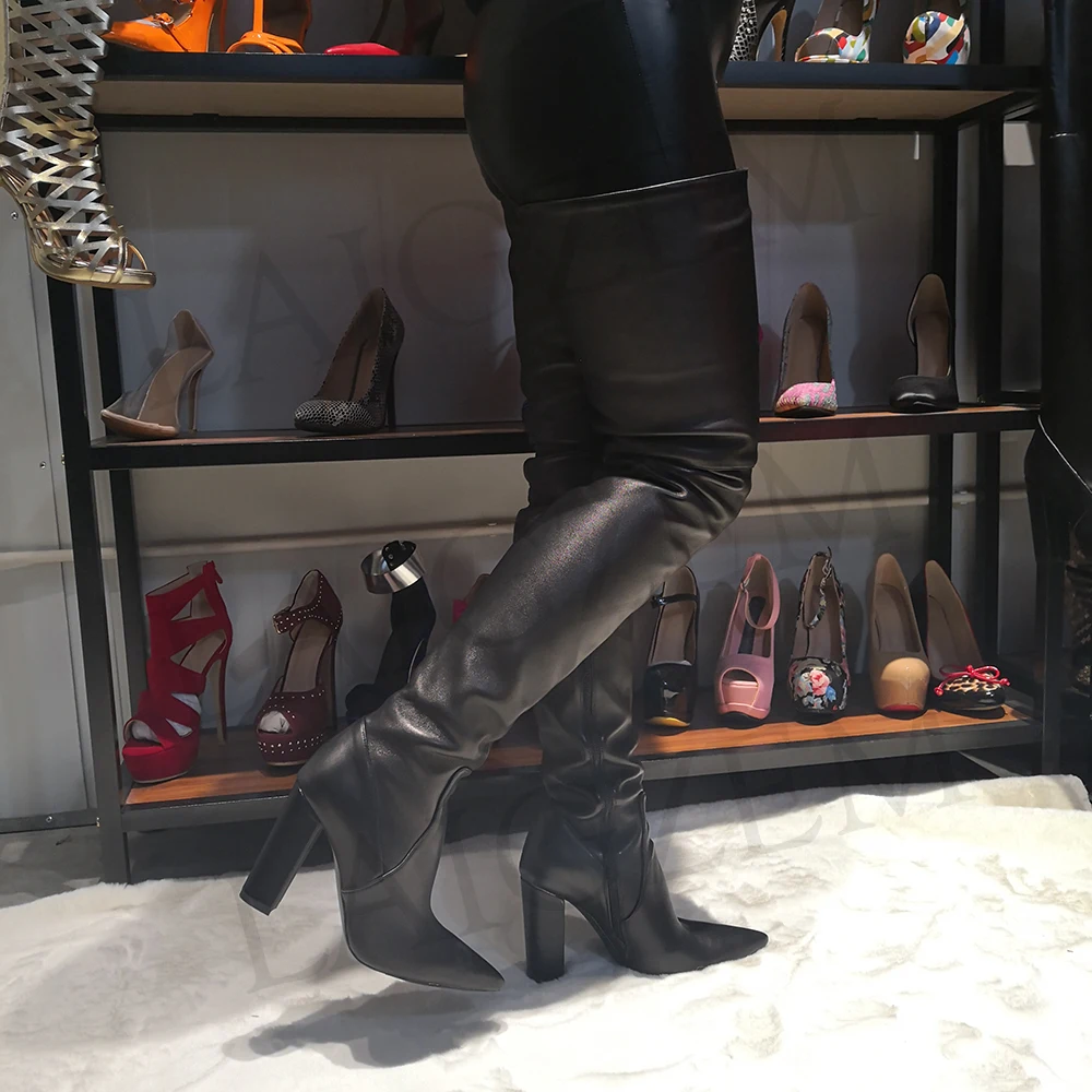 LAIGZEM FASHION Women Thigh High Boots Chunky Thick Heels Pointy Toe Long Boots Zipper Botines Bottes Femme Mujer Big Size 4-14 (2)