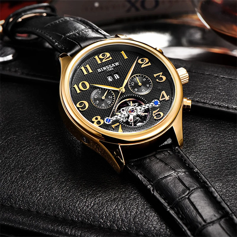 BINSSAW رجل العلامة التجارية الفاخرة التلقائي ساعات آلية الرياضة توربيون حقيقية أزياء والجلود ساعة اليد Relogio Masculino