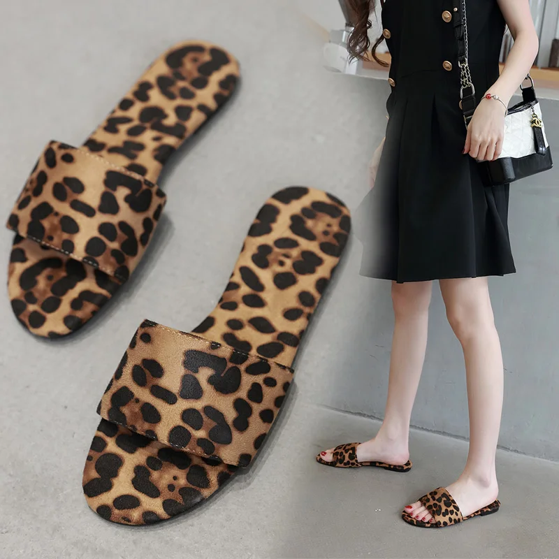 

Wild Summer Leopard Slippers for Women Outdoor Flip Flops Low heels Brown Flats Slides Flat heel Sandals Beach mujer
