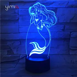 YIMIA Милая Русалка 3D иллюзия 7 красочная лампа Акриловая дистансветодио дный светодиодная ночник USB настольная лампа для детей подарок для