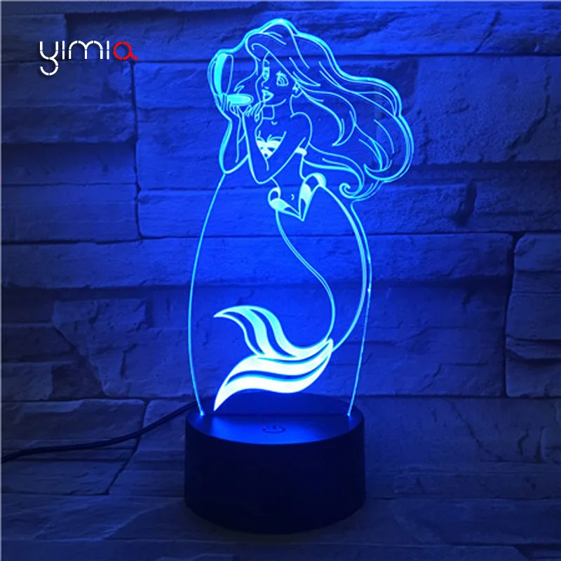 YIMIA Cute Mermaid 3D Illusion 7 Colorful Lamp Acrylic Remote LED Night