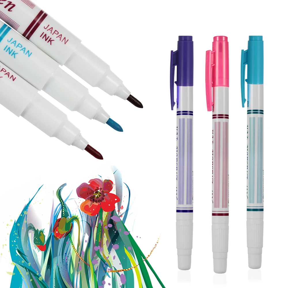 

1/3PCS Erasable Pen Blue,Purple,Pink Ink Water Soluble Fabric Marker Pen Double Head Disappear Automatically Fabric Marker