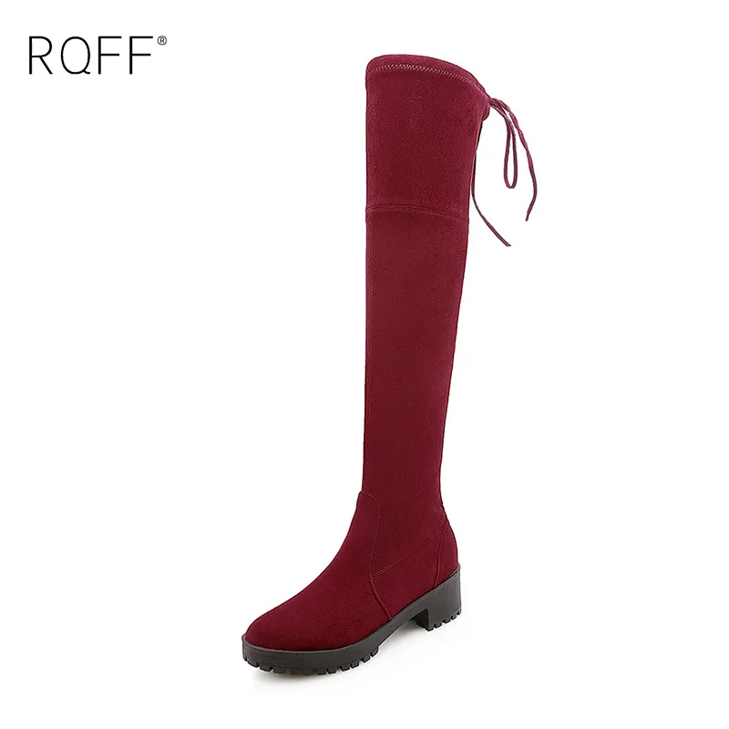 RQFF зимние эластичные Leica выше колена ботинки с высоким голенищем для женщин; Большие размеры с круглым носком классическая посадка на