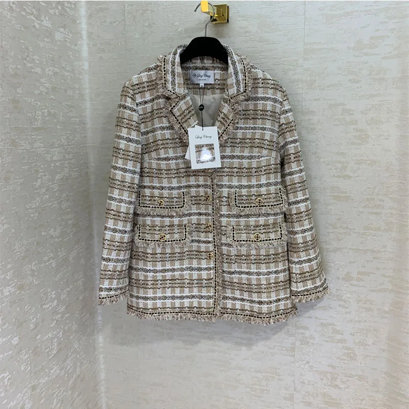 

Clothing female 2019 autumn and winter new fashion temperament yellow woven fabric long-sleeved jacket temperament high-grade cu