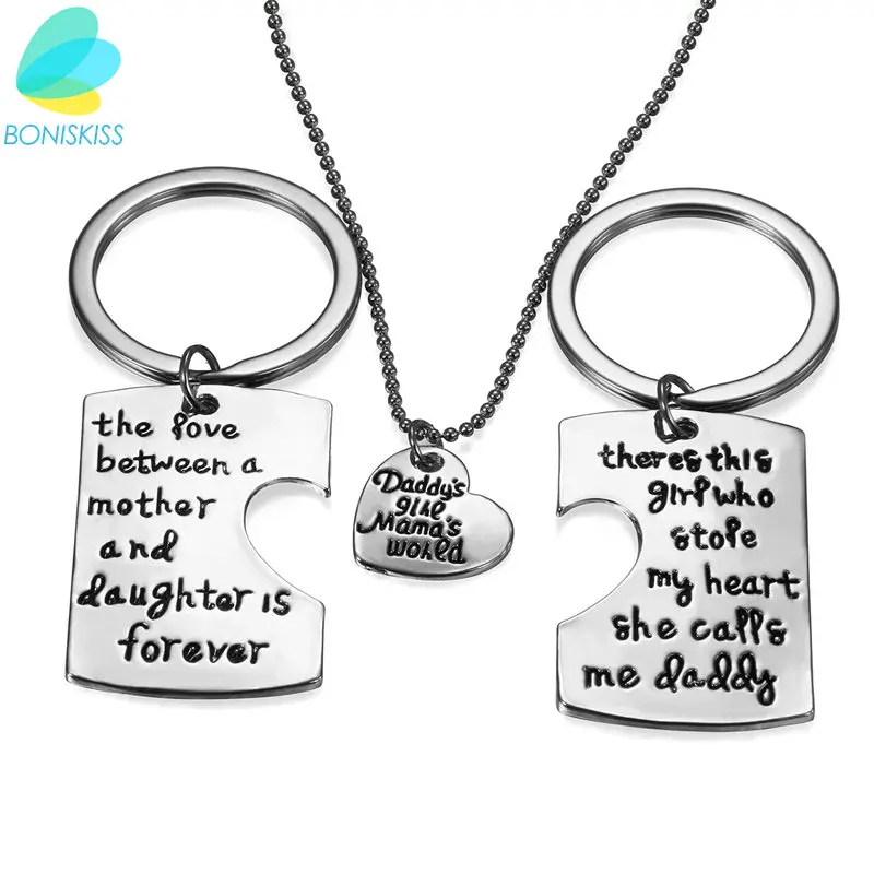 Boniskiss 3 Pair New Fashion Design Stainless Steel Parents Love Heart Necklace Pendant For Women Daughter Girls Jewelry