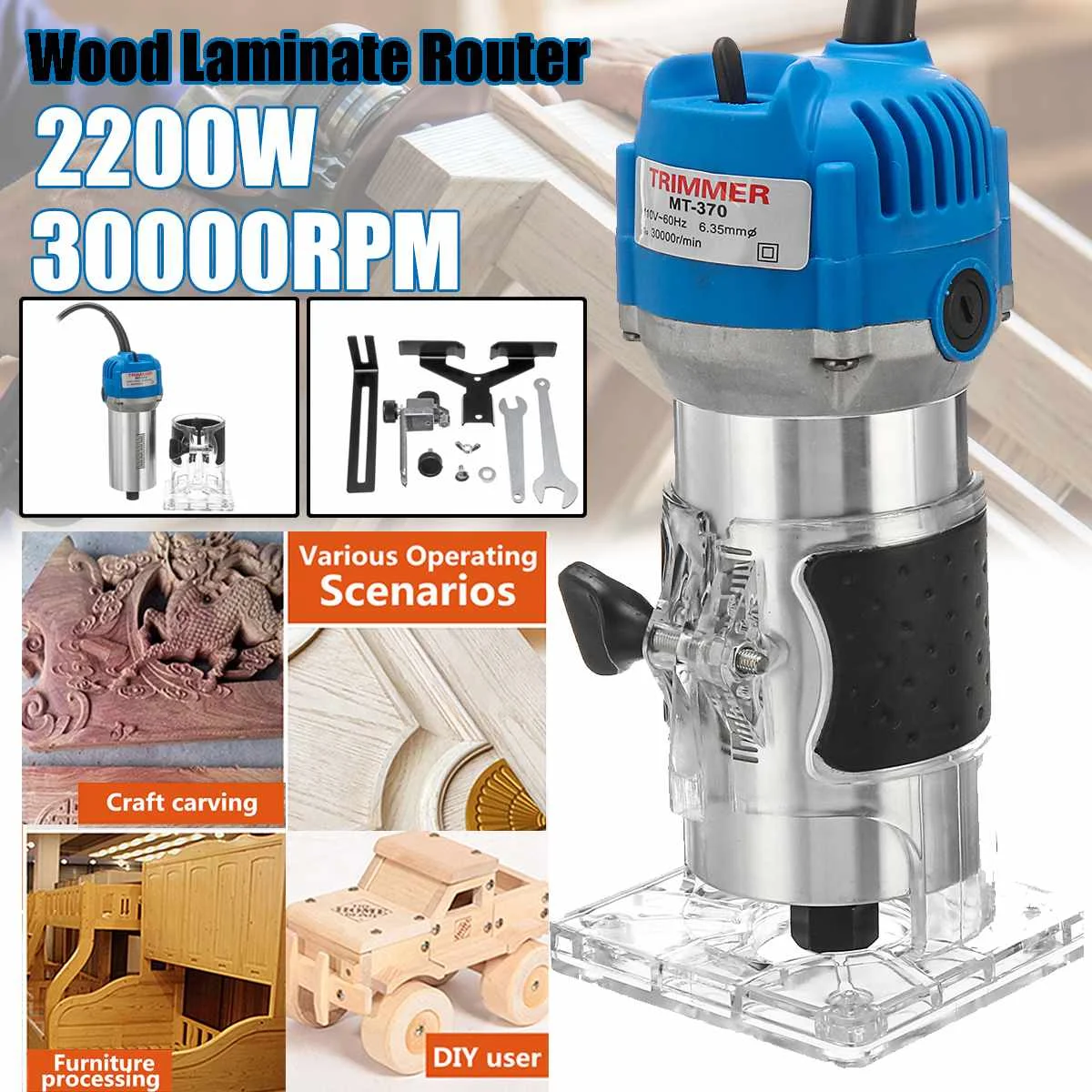 

Electric Trimmer Woodworking Wood Laminate Palms 12pcs 1/4" Router Bits Set Hand Router Trimmer Joiners Tool Carving Machine
