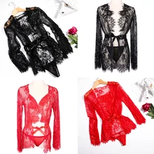 Сексуальное летнее кружевное белье Babydolls, пижама, горячая кофта с v-вырезом, женская тонкая прозрачная Пижама, G-string, Халат