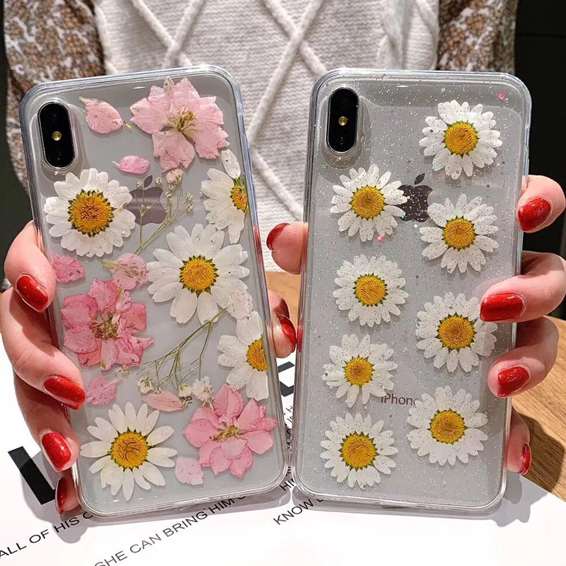 

Transparent Real Dried Flowers Phone Case For iPhone X 6 6S 7 8 Plus XR XS Max Clear Glitter Soft TPU Fresh Floral Back Cover