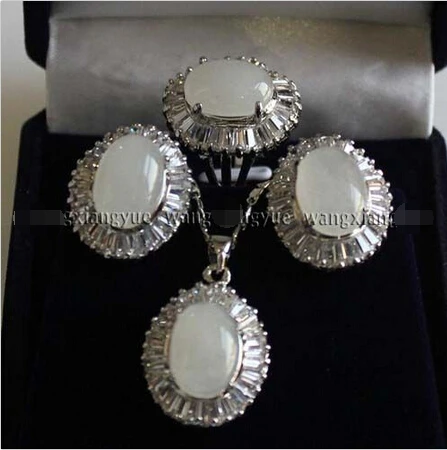 

free shipping>>> Natural White Jade Earrings /Ring / Necklace Pendant Set 18" (A0511)