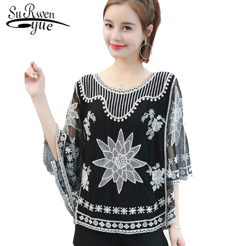 

Korean Fashion Women shirt Batwing sleeve Mesh embroidery Tops Casual Summer Loose Lace blouse blusa feminina 4012 50