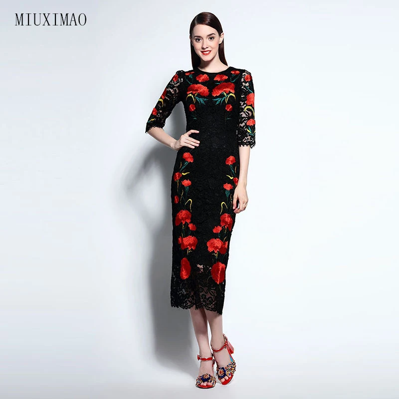 Famous Brand Runaway 2016 Newest Spring Fashion Slim Elegant Lace Ebroidery Red Flower Vintage Black Casual