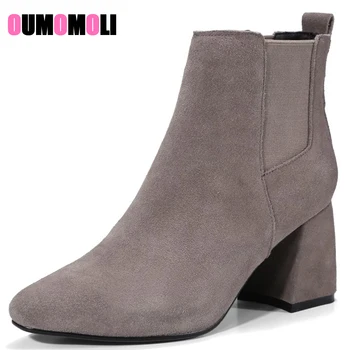 

2018 Autumn winter New Style Point Toe Shallow Ankle Boots Women Solid Real Cow Suede Slip-on Comfort high-heel boots