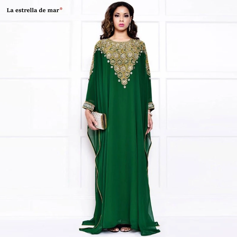Abendkleider2019 Новый шифоновый Кристалл Длинные рукава Зеленый Дубайский мусульманский вечернее платье Длинные Восточный халат из марокена