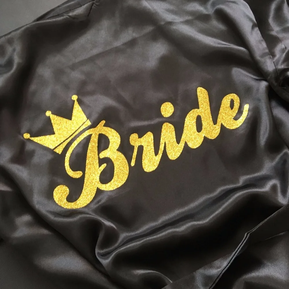 Women Bride Golden Glitter Print Kimono Robes Faux Silk Bachelorette Wedding Preparewear