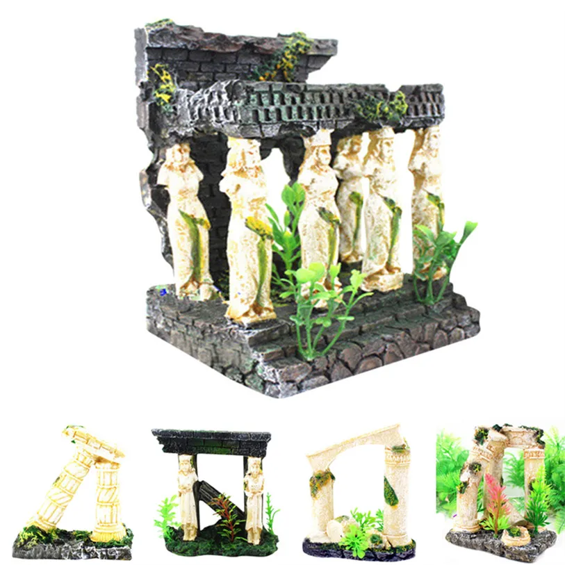 Руины римского храма, аквариумные скалы, скрывающаяся пещера, дерево, украшение для аквариума, креативный подводный пейзаж из смолы 50MC8