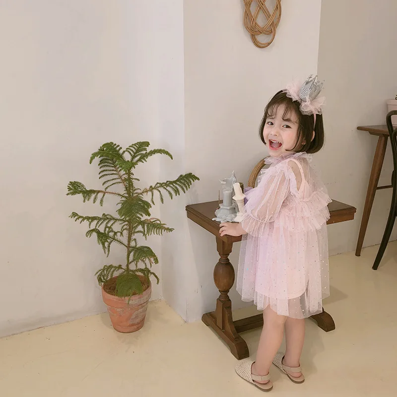 Модные сетчатые платья принцессы в Корейском стиле для маленьких девочек, детские милые универсальные модные платья для танцев