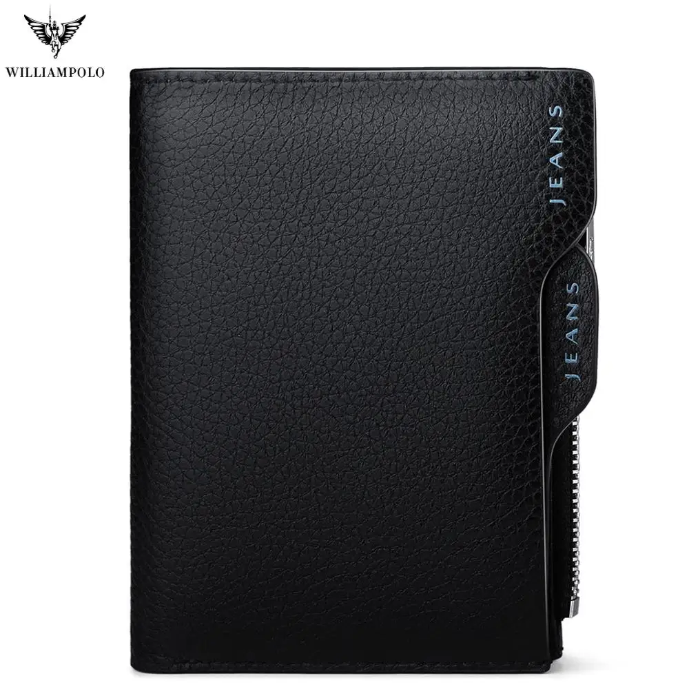 

WILLIAMPOLO Fashion Men Wallet Genuine Leather Business Card Holder Wallet Short Bifold Purse With Zipper Coin ID Holders Pocket