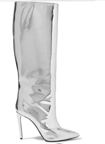 

Woman Bling Bling Mirror Leather Knee High Boots Sexy Silver Stiletto High Heels Night Party Shoes Woman Pointed Toe Boots