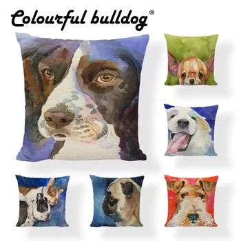 

Colorful Oil Painting Cushion Cover Cute Dogs 45x45CM Pug Bulldog Pillow Cover Modern Living Room Decor Linen Cotton Pillow Case