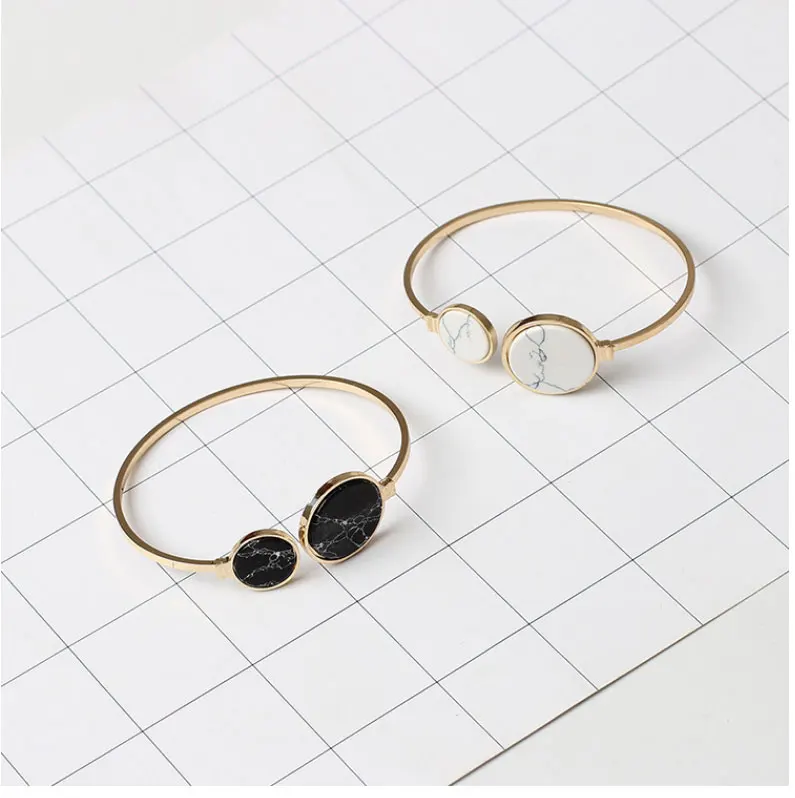 

Boho Faux Marble Bangle Bracelet For Women Cute Round Triangle Copper Channel Setting Bracelet Fashion Hand Jewelry Pulseras