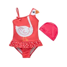 Для маленьких девочек Плавание ming цельный одиночный Красный мультфильм печатных детская пляжная одежда для девочек с купальные шапочки шапки Гусь дети ванный комплект